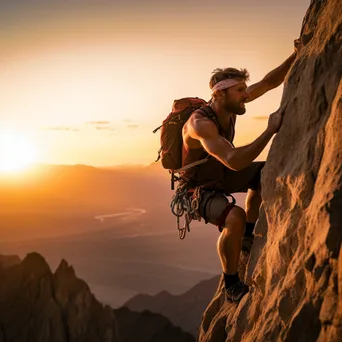 Rock climber ascending steep cliff at sunset - Image 1