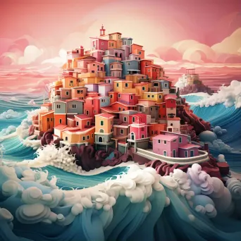 Low poly artwork of a dramatic hillside city against a raging ocean - Image 1