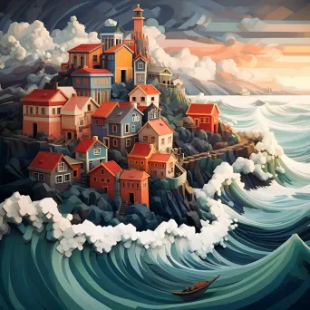 Low poly artwork of a dramatic hillside city against a raging ocean - Image 2