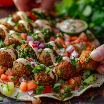 Close-up of a falafel wrap being prepared with fresh ingredients. - Image 3