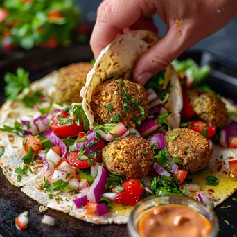 Close-up of a falafel wrap being prepared with fresh ingredients. - Image 4