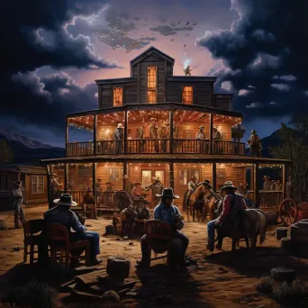 Charcoal illustration of a bustling Wild West saloon at twilight - Image 1