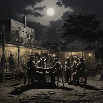 Charcoal illustration of a bustling Wild West saloon at twilight - Image 2