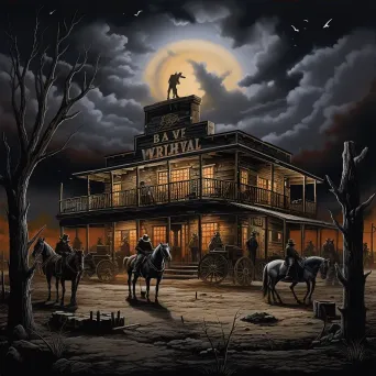 Charcoal illustration of a bustling Wild West saloon at twilight - Image 3