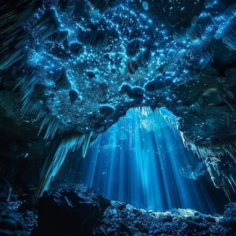 Underwater cave with stalactites and blue light - Image 1