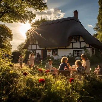 Family gathering in front of thatched-roof house - Image 1