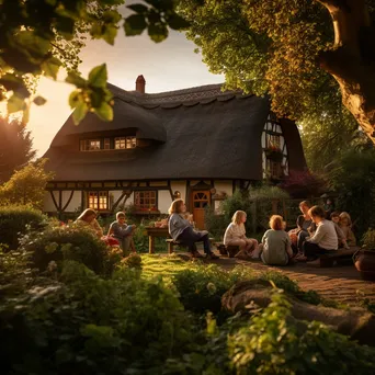 Family gathering in front of thatched-roof house - Image 2