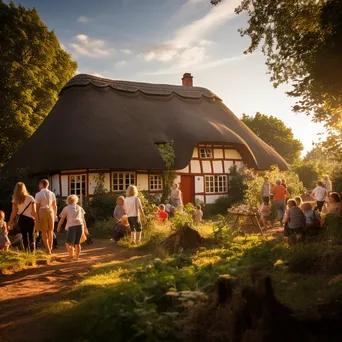 Family gathering in front of thatched-roof house - Image 3