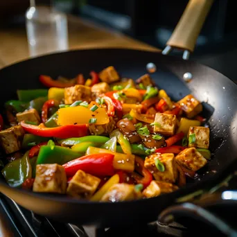 A colorful stir-fry with vegetables and tofu in a wok on a modern kitchen counter. - Image 1