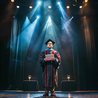 Graduate standing on stage holding diploma under bright lights - Image 4