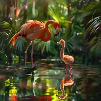 Flamingo chick learning to stand on one leg in a shallow pink lagoon - Image 2