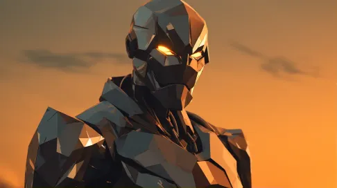 Low poly cybernetic warrior in rust and steels at dawn - Image 1