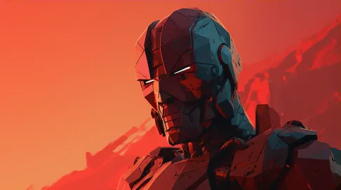 Low poly cybernetic warrior in rust and steels at dawn - Image 3