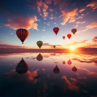 Hot air balloons floating over a desert during sunrise - Image 2