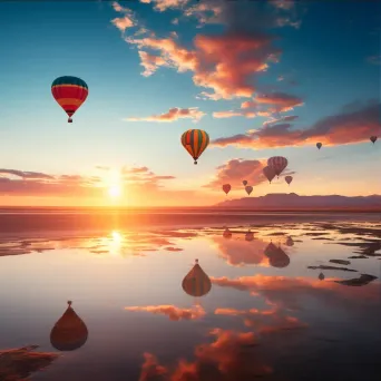 Hot air balloons floating over a desert during sunrise - Image 3