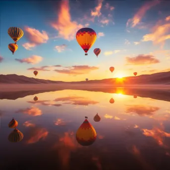 Hot air balloons floating over a desert during sunrise - Image 4