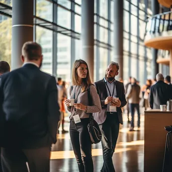 Professionals networking in a conference hall with coffee cups - Image 2