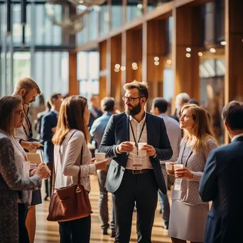 Professionals networking in a conference hall with coffee cups - Image 3