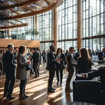 Professionals networking in a conference hall with coffee cups - Image 4