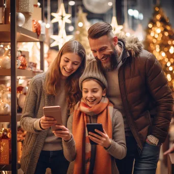 A family enjoying holiday shopping with decorations around. - Image 1