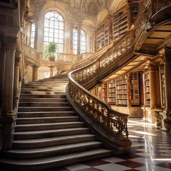 A marble staircase leading to a sunlit atrium in a historic library. - Image 1