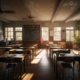 Traditional classroom with wooden desks and chalkboard illuminated by sunlight. - Image 2