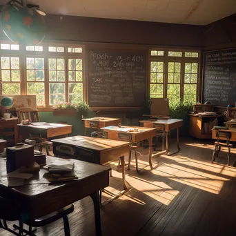 Traditional classroom with wooden desks and chalkboard illuminated by sunlight. - Image 3