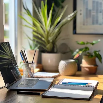 Top-down view of a workspace desk with a laptop, notebooks, pens, and a potted plant - Image 1