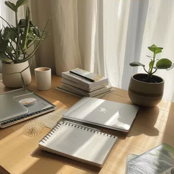 Top-down view of a workspace desk with a laptop, notebooks, pens, and a potted plant - Image 3