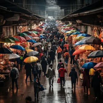 Market shoppers with umbrellas in the rain - Image 1