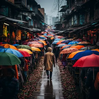 Market shoppers with umbrellas in the rain - Image 3