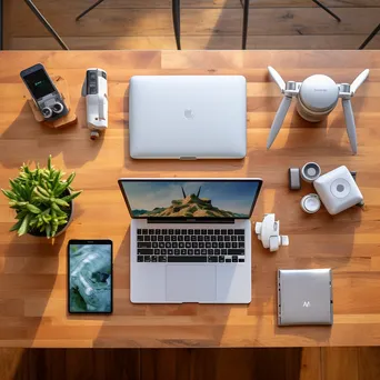 Aerial view of a home office desk with laptop and plants - Image 1