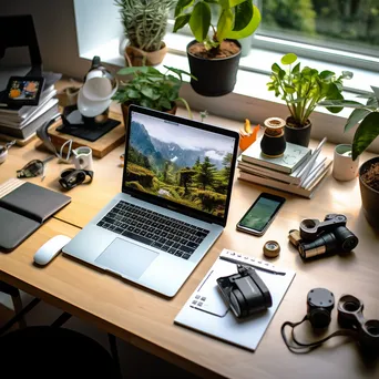 Aerial view of a home office desk with laptop and plants - Image 3