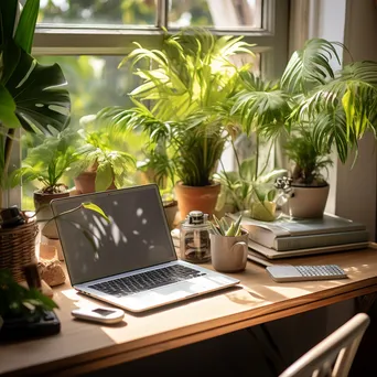 Aerial view of a home office desk with laptop and plants - Image 4