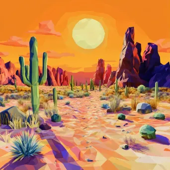 Warm-toned, low poly depiction of a vibrant desert under a scorching sun - Image 1