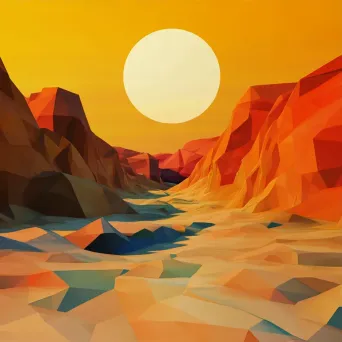 Warm-toned, low poly depiction of a vibrant desert under a scorching sun - Image 3