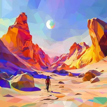 Warm-toned, low poly depiction of a vibrant desert under a scorching sun - Image 4