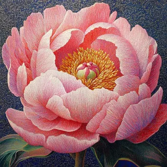 Resplendent peony in full bloom created using pointillism technique emphasizing petal patterns - Image 1