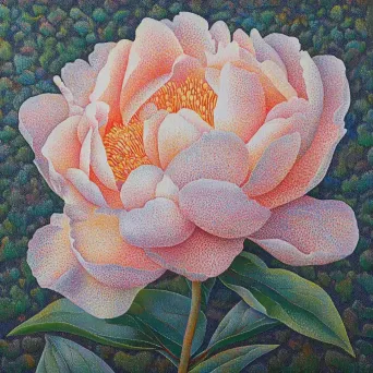 Resplendent peony in full bloom created using pointillism technique emphasizing petal patterns - Image 3