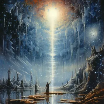 Surrealistic painting of a cosmic rain shower intertwining figures and celestial events - Image 1