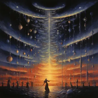 Surrealistic painting of a cosmic rain shower intertwining figures and celestial events - Image 2