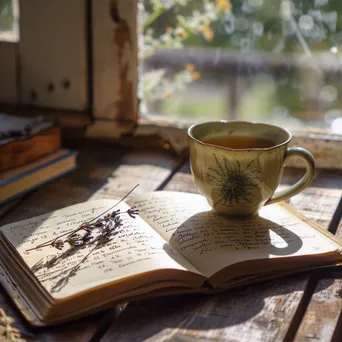 Notebook with affirmations and herbal tea on a wooden table - Image 1