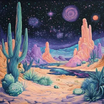 Children in spaceship viewing pastel alien landscape with unusual flora under starry sky - Image 4