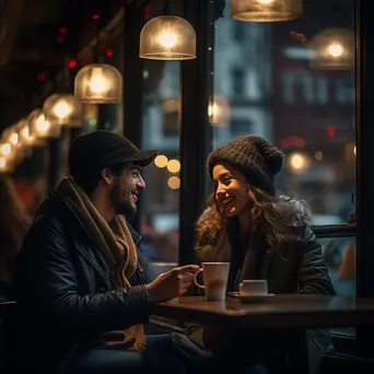 A young couple having a deep conversation in a cozy café. - Image 1