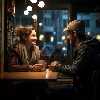 A young couple having a deep conversation in a cozy café. - Image 2