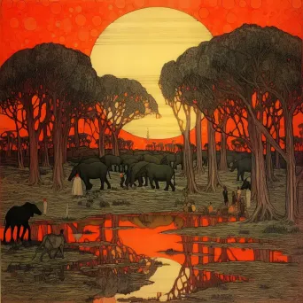 Image of a herd of elephants grazing in a wild savannah under the setting sun - Image 1