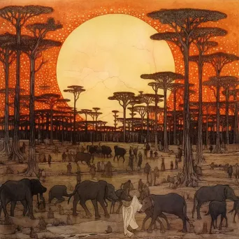 Image of a herd of elephants grazing in a wild savannah under the setting sun - Image 3