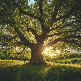 Ancient oak tree in a lush meadow with filtering sunlight - Image 2