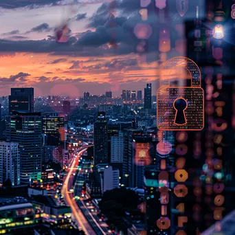 Digital lock icon superimposed on a city skyline at dusk - Image 1