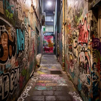 Image of a narrow urban lane covered in layered graffiti tags representing different artists